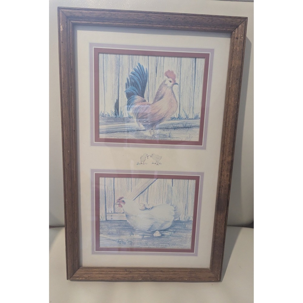 Vintage Kathleen Casey 1985 Framed Farm Print Rooster Hen Chicken 16x10 Matted